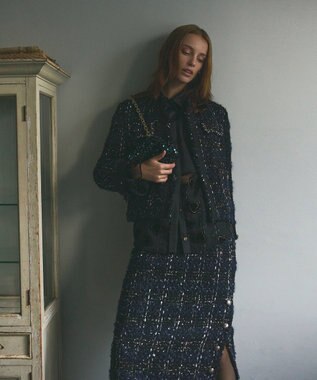 GRACE CONTINENTAL サイドスリットツイードスカート ネイビー