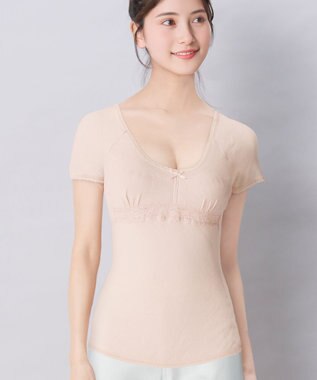 Wing カップ付きインナー 綿100％(身生地) さらっと快適 【綿100％ メッシュタイプ】 ブラトップ 3分袖 半袖 EL6385 ウイング／ワコール ピンク