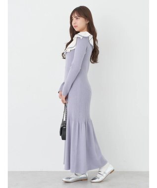 earth music&ecology パイピングフレアカラーニットワンピース Grayish Blue