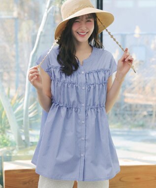 Tiaclasse L フリルティアードチュニック サックスストライプ