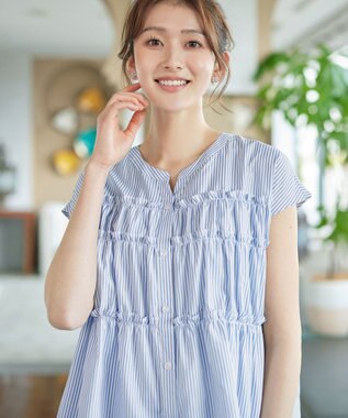 Tiaclasse L フリルティアードチュニック オフストライプ