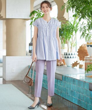 Tiaclasse L フリルティアードチュニック オフストライプ