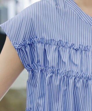 Tiaclasse L フリルティアードチュニック サックスストライプ