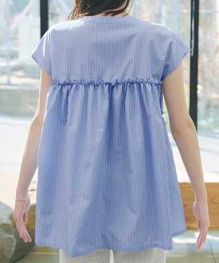 Tiaclasse L フリルティアードチュニック サックスストライプ