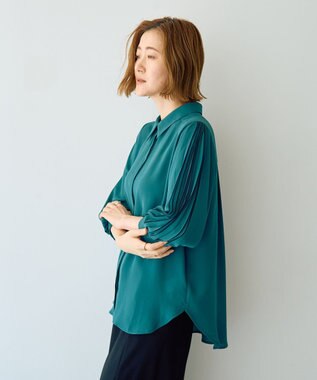 YECCA VECCA ラインプリーツスリーブシャツ Blue Green