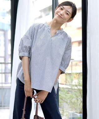 Tiaclasse 【洗える】バックギャザーシャツ ブルーストライプ