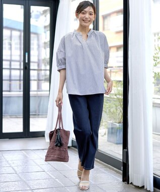 Tiaclasse 【洗える】バックギャザーシャツ ブルーストライプ