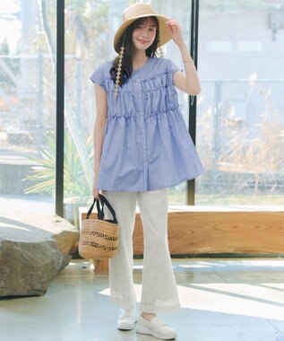 Tiaclasse L フリルティアードチュニック サックスストライプ