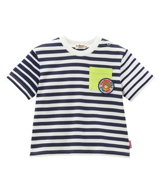 MIKI HOUSE HOT BISCUITS 【80-120cm】 ポケット付き 先染め ボーダー柄 半袖Tシャツ 紺