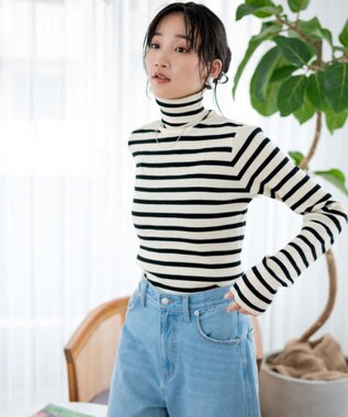 WEGO リブタートルネックニット ホワイトボーダー