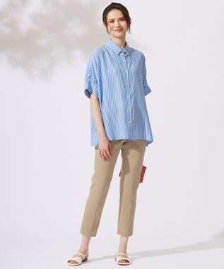 自由区 S 【接触冷感・UVケア・抗菌防臭・洗える】リヨセルポプリン ブラウス サックスストライプ