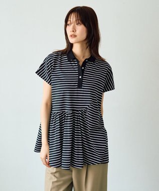 YECCA VECCA アシメボーダーポロシャツ Black