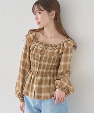 earth music&ecology 【予約】チェックシャーリングブラウス