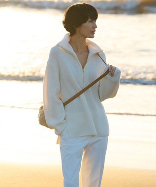 23区 L 【洗える】ウールコード ハーフジップ ニット アイボリー系