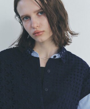 YECCA VECCA レースMIXレイヤードデザインシャツ Stripe Blue