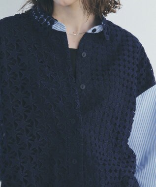 YECCA VECCA レースMIXレイヤードデザインシャツ Stripe Blue