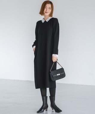 23区 【洗える/吊り干しOK】ヴィスコースストレッチ レース襟 ワンピース ブラック系