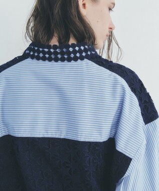 YECCA VECCA レースMIXレイヤードデザインシャツ Stripe Blue