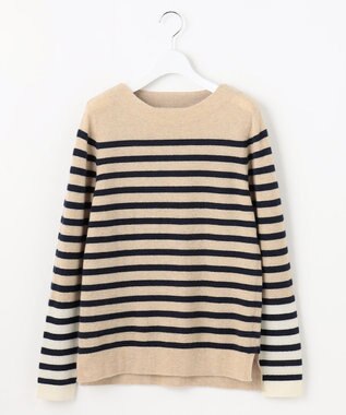 自由区 【洗える】ピュアカシミヤミルド ボートネック プルオーバー ベージュボーダー