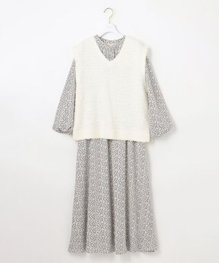 ANY SIS L 【洗える】フラワープリントワンピース × ニットベスト セット アイボリー