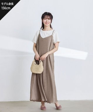 Tiaclasse 【2点セット・洗える】変形プリーツキャミワンピース＆Tシャツ モカ