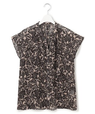 23区 【洗える】ボタニカルプリント スキッパー ブラウス ベージュ×ブラックプリント