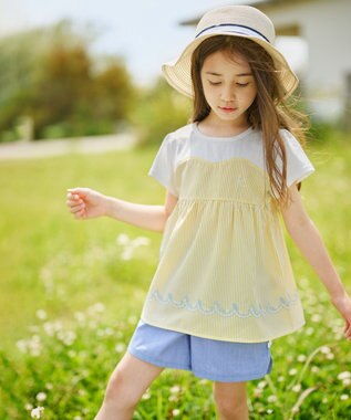 組曲 KIDS 【150-160cm】ビーチコーミングストライプ Tシャツ サンセットイエロー系1