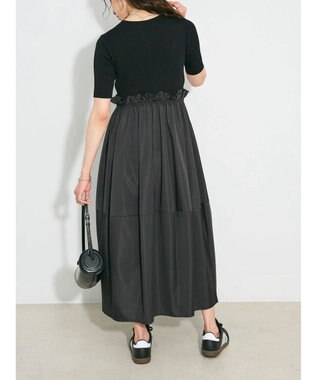 Green Parks ランタン型ニットドッキングタフタワンピース Black