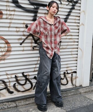 WEGO フードチェックBIGシャツ（S） レッド