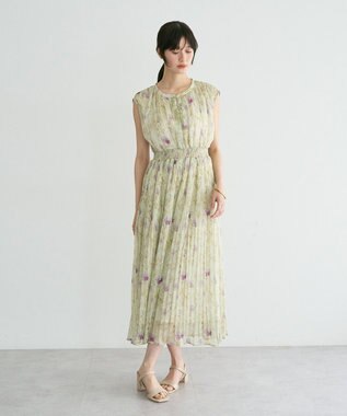 YECCA VECCA シアー花柄プリーツワンピース Light Green