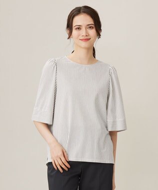 自由区 【洗える】リヨセルコットンストライプ カットソー オフ×スレート