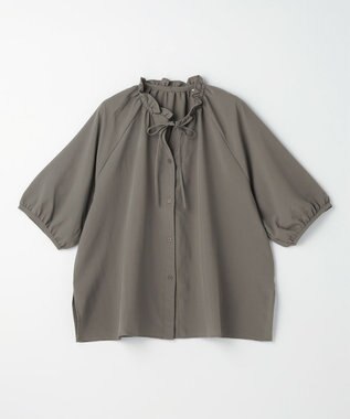 ANY 楽映えフリルネックブラウス（セットアップ着用可） カーキ