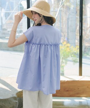 Tiaclasse L フリルティアードチュニック サックスストライプ