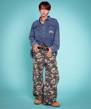 WEGO 【ユニセックス着用ITEM/MLサイズ展開】グラフィックデニムシャツ（LS） デニム中濃加工色