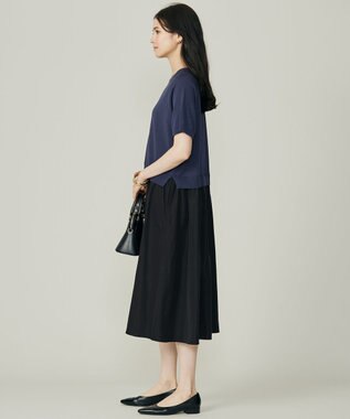 自由区 L 【洗える】タフタコンビ半袖 ワンピース インディゴブルー×ブラック