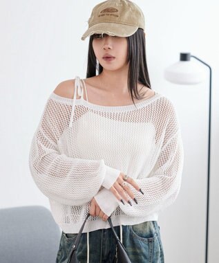 WEGO 2WAYオフショルメッシュニット ホワイト