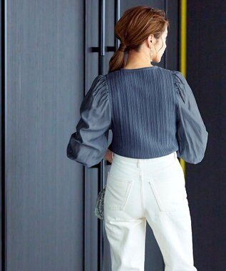 Tiaclasse 【洗える】袖ドッキングリブニットトップス ブルー