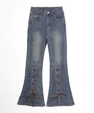 WEGO レースアップストレッチフレアデニム デニム中濃色