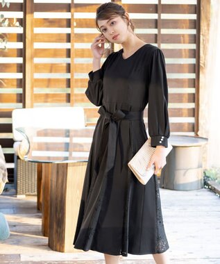 Tiaclasse 【洗える】レース切り替えフレアワンピース ブラック