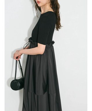 Green Parks ランタン型ニットドッキングタフタワンピース Black