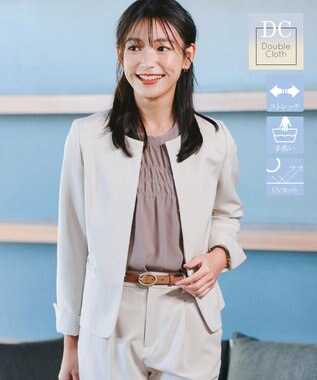 Tiaclasse L 【ダブルクロス・洗える】ノーカラージャケット グレージュ