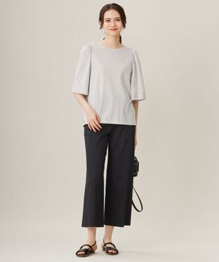 自由区 【洗える】リヨセルコットンストライプ カットソー オフ×スレート