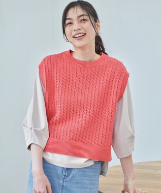 ANY L パターンメッシュニットベスト コーラル