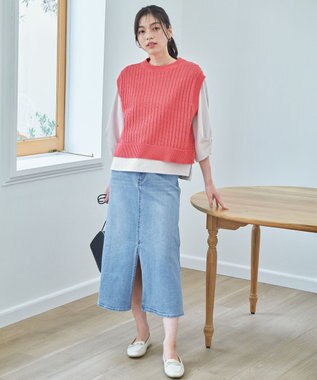 ANY L パターンメッシュニットベスト コーラル