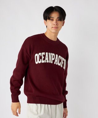 OP／FILA 【ocean pacific】サガラ刺しゅうロゴクルーニット/メンズ ワインレッド