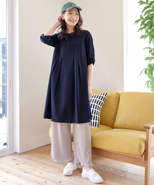 Tiaclasse 【洗える】ランダムタックチュニックワンピ―ス ネイビー