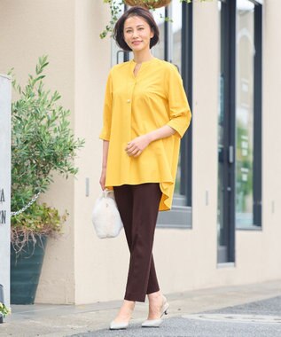 自由区 S 【UVカット・吸水速乾・洗える】ツイストプレーンバンドカラーチュニック丈 カットソー マスタード