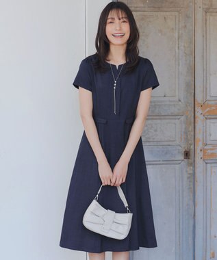 Tiaclasse 【小倉優子さん着用・洗える】フラップ付きミディアム丈フレアワンピース ネイビー