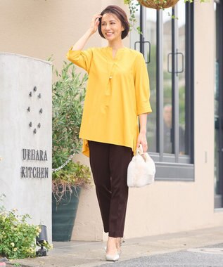 自由区 S 【UVカット・吸水速乾・洗える】ツイストプレーンバンドカラーチュニック丈 カットソー マスタード