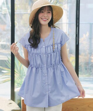 Tiaclasse L フリルティアードチュニック サックスストライプ